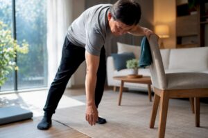 Adult performing gentle shoulder mobility exercise
