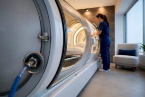 Hyperbaric oxygen chamber in clinical treatment suite