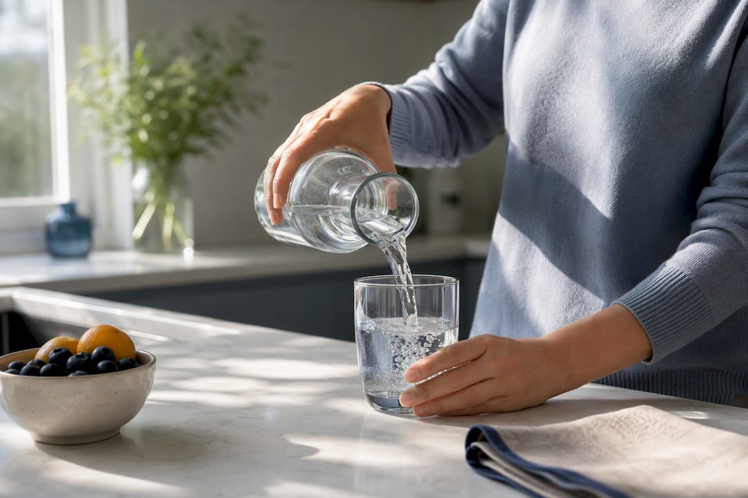 Person pouring water into a glass