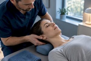 Clinician positioning patient for atlas assessment