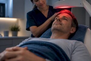 Supervised red light treatment near patient scalp