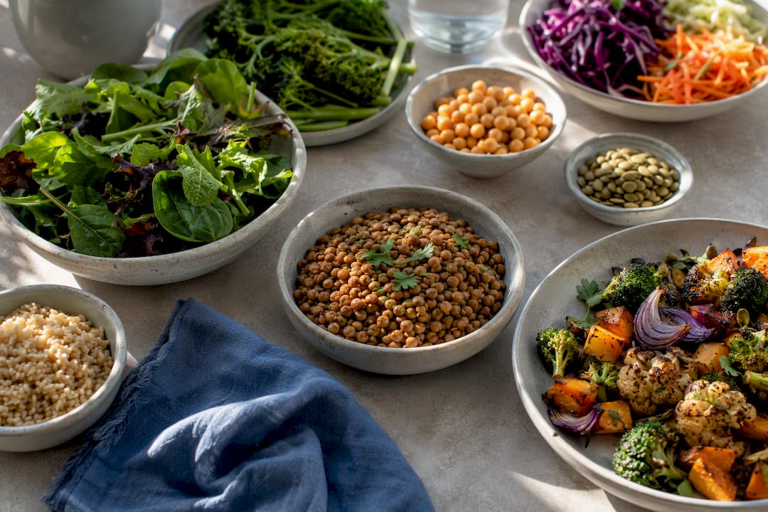 Vegetables legumes and whole grains on table