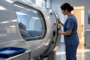 Clinician checking hyperbaric chamber before treatment