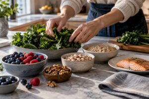 MIND diet foods arranged on kitchen island