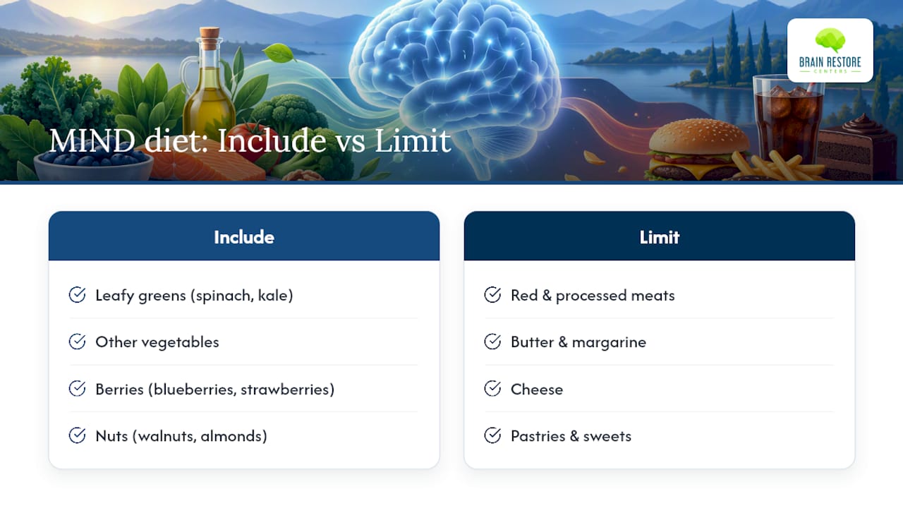 What the MIND diet includes and what it limits — overview diagram