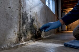 Localized mold on a damp basement wall