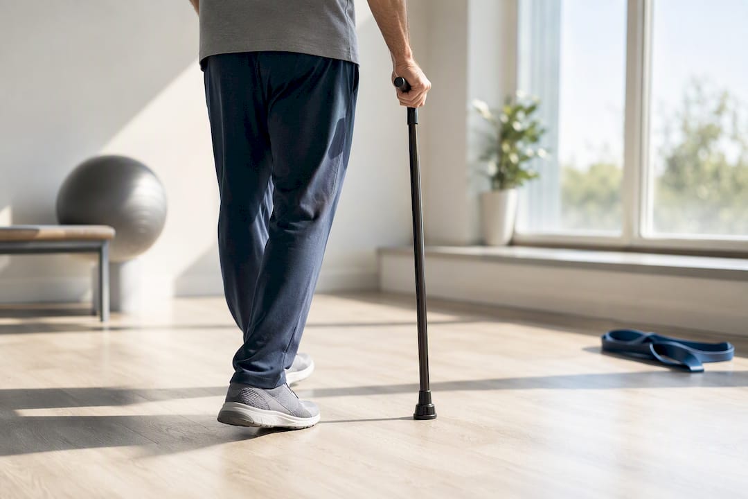 Adult practicing supported gait with cane