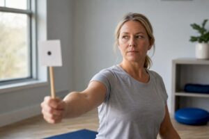 Person practicing gaze stabilization exercise