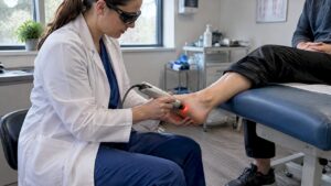 Clinician applying laser therapy to patient’s foot