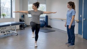 Clinician observing post-concussion balance assessment