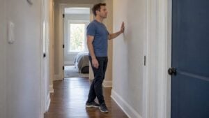 Adult practicing a tandem stance at home